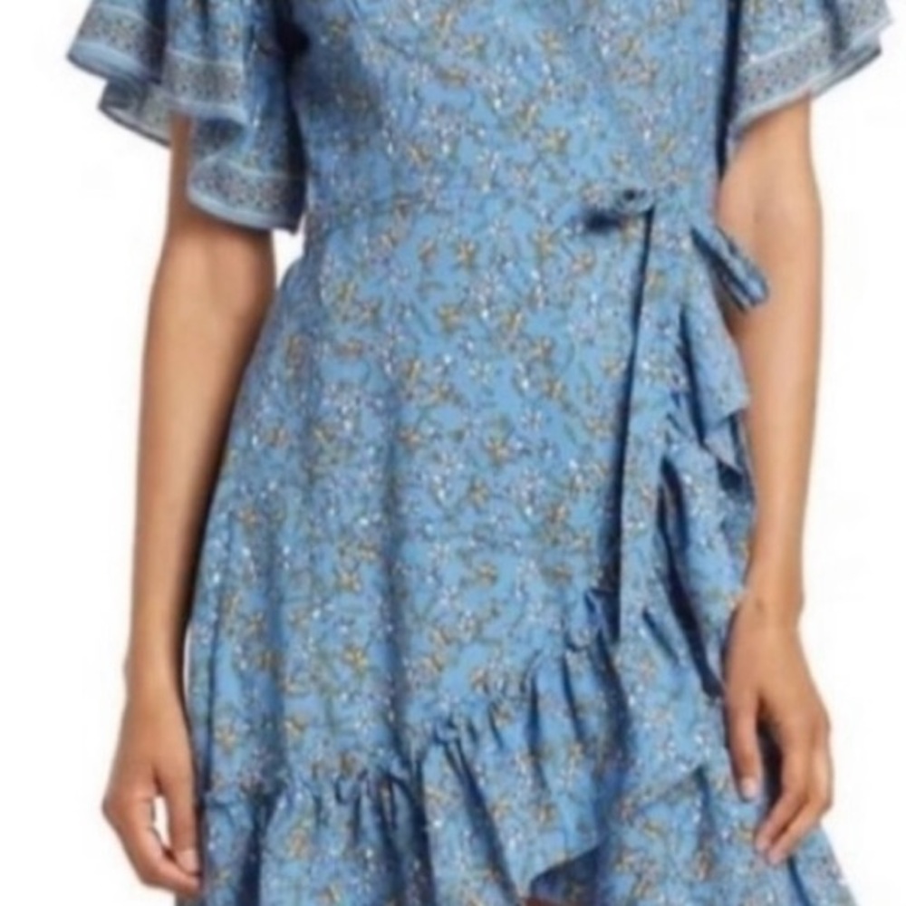 Max Studio Blue Tan Ruffled Wrap Sundress